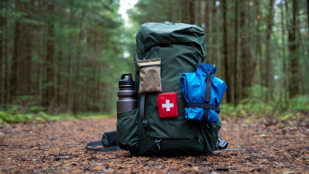 Sac de randonnée ouvert avec équipement de journée sur un sentier forestier