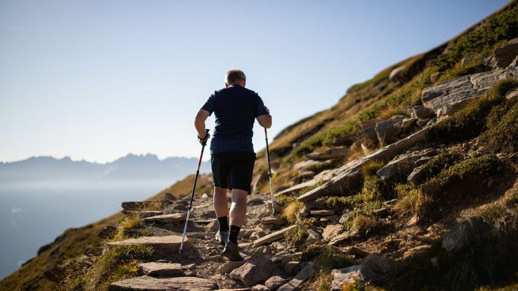 Randonneur descendant un sentier de montagne avec des bâtons et des appuis souples