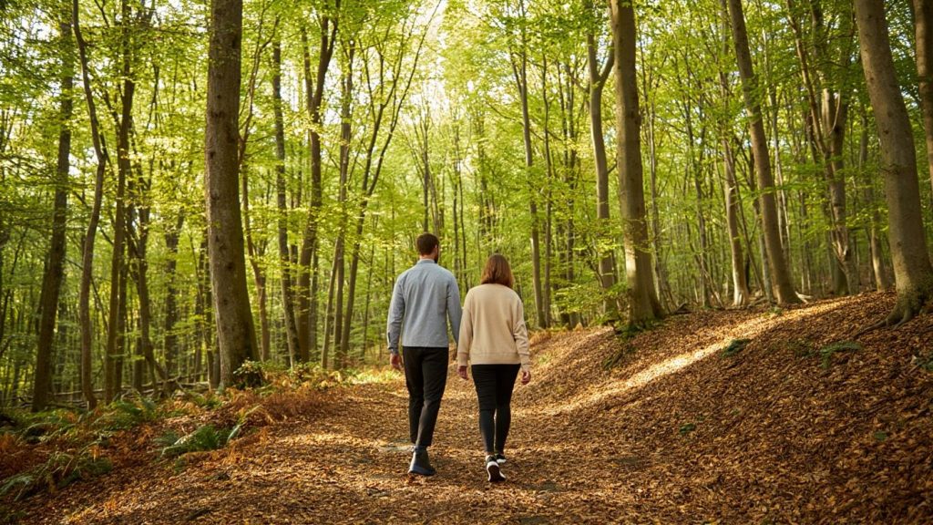 Deux marcheurs sur un sentier forestier lumineux