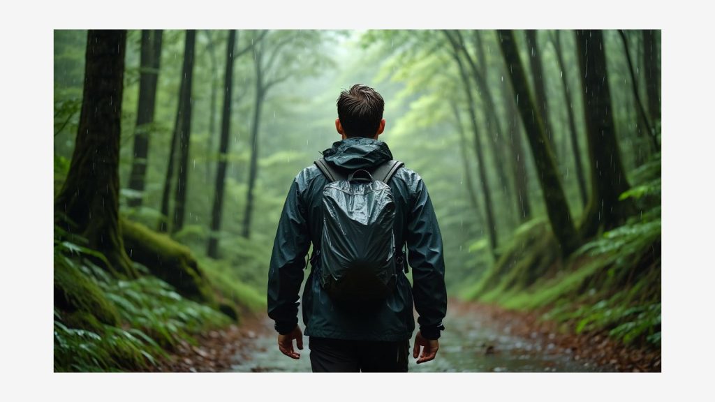 Randonneur marchant sous une pluie fine sur un sentier forestier