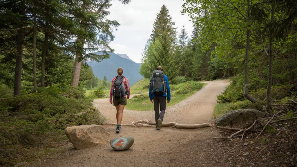 Randonneurs avançant sur un sentier naturel avec repères discrets sans panneau sans texte ni marque