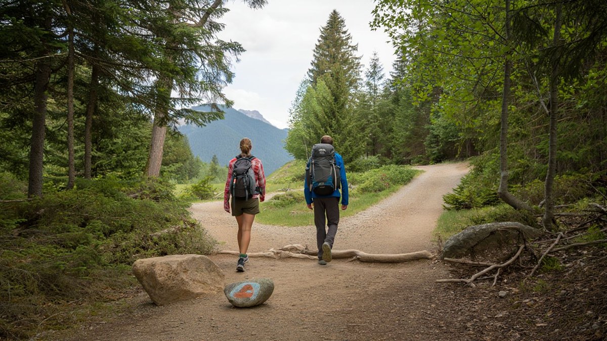 Randonneurs avançant sur un sentier naturel avec repères discrets sans panneau sans texte ni marque