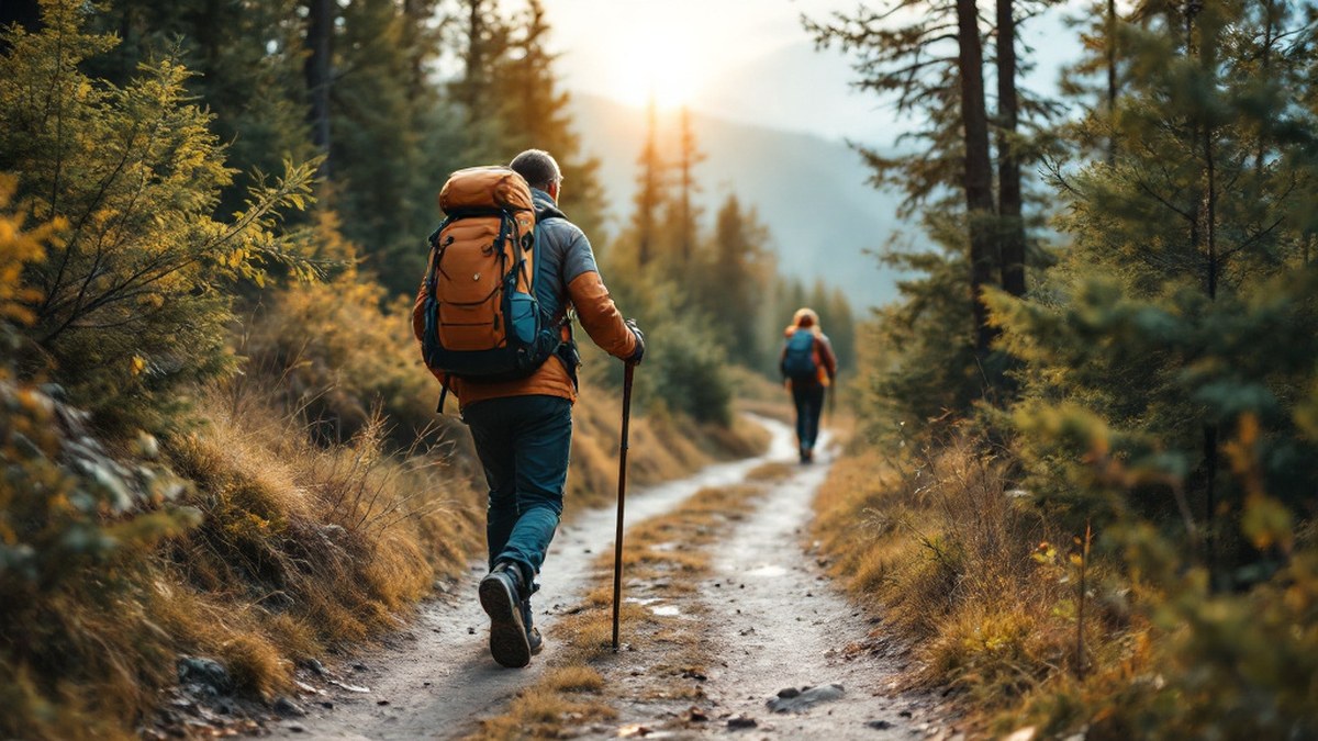 Randonneur adulte avec bâtons de randonnée unis sur sentier naturel sans texte ni marque