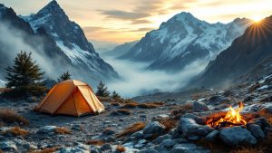 Camp de bivouac discret au lever du jour en montagne, photo réaliste sans texte ni logo