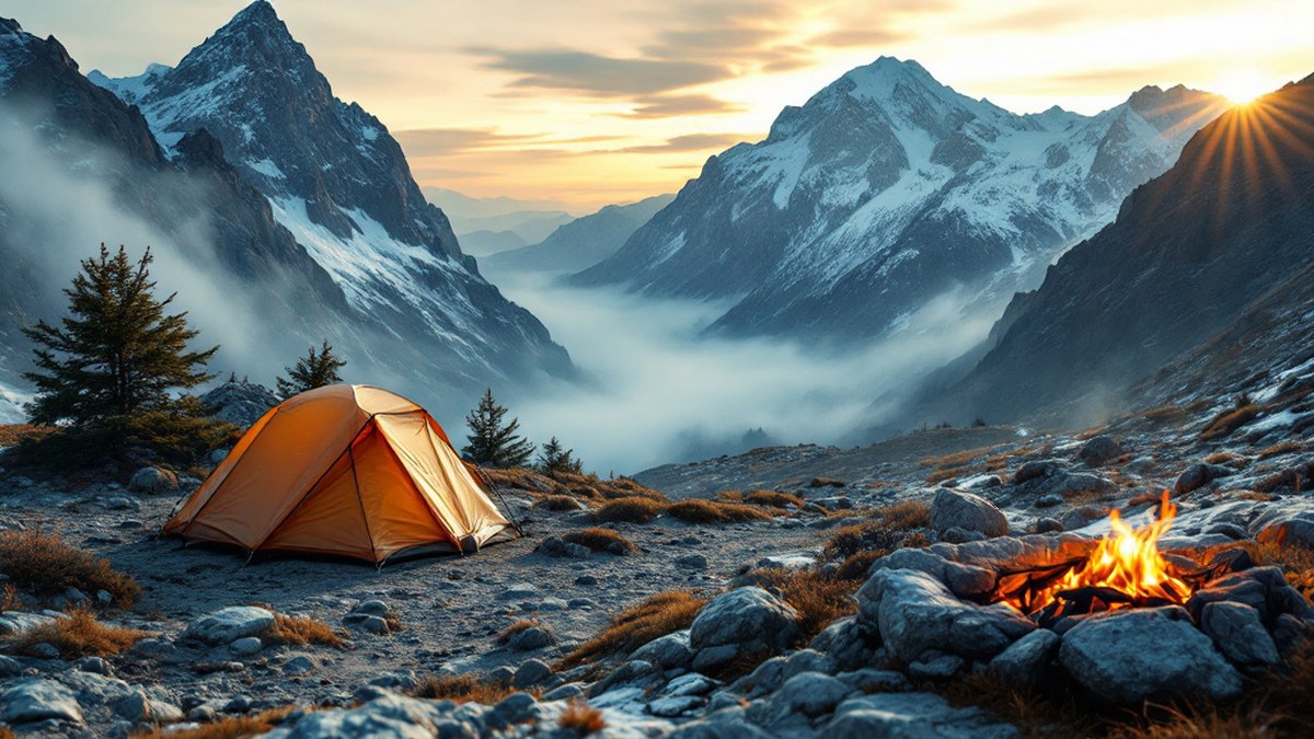 Camp de bivouac discret au lever du jour en montagne, photo réaliste sans texte ni logo