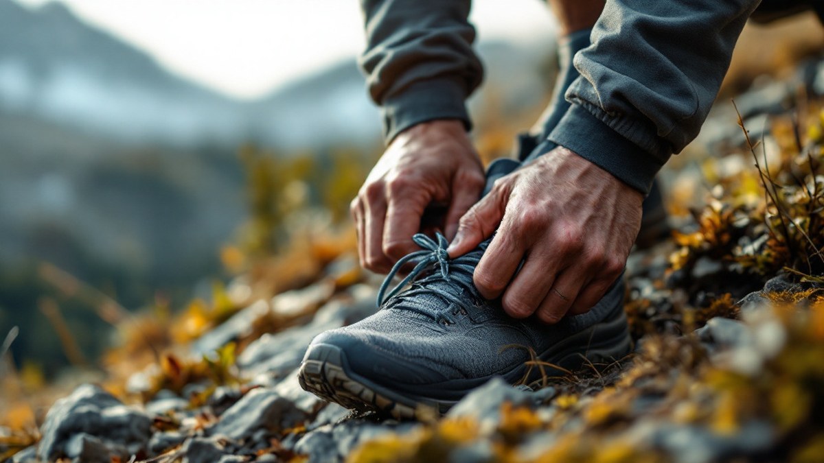 Randonneur ajustant des chaussettes unies près de chaussures de marche sans texte ni logo
