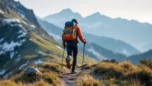 Randonneur ajustant des bâtons sur un sentier de montagne sans texte ni logo