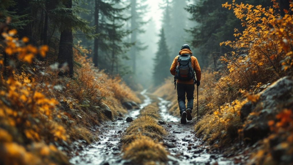 Randonneur adulte abrité du vent avec couverture de survie neutre sur sentier naturel sans texte
