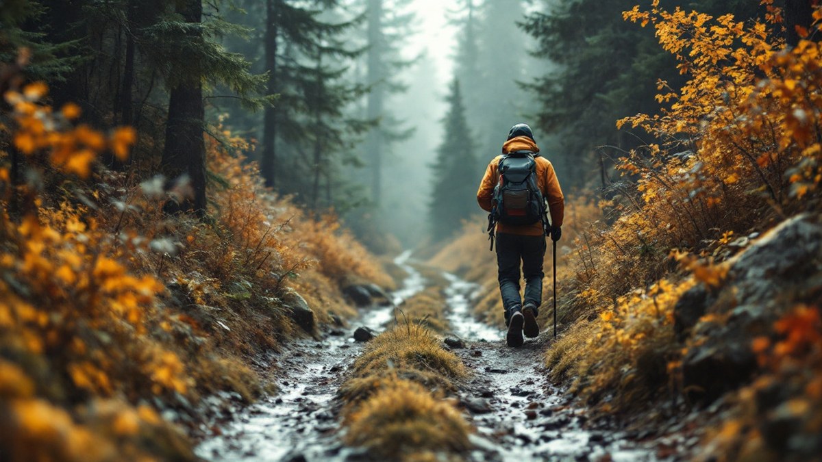 Randonneur adulte abrité du vent avec couverture de survie neutre sur sentier naturel sans texte