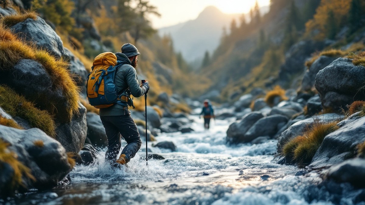 Randonneur filtrant de l’eau claire près d’un torrent de montagne sans texte ni logo