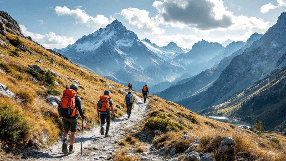 Randonneur ajustant des guêtres sur un sentier boueux de montagne sans texte ni logo