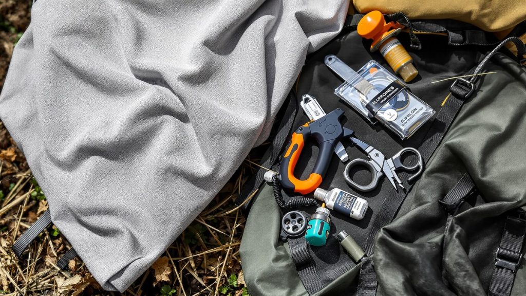 petit kit de réparation randonnée disposé sur sac outdoor et tissu neutre, sans texte ni logo