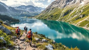 randonneurs contemplant un lac de montagne naturel depuis un sentier, sans texte ni panneau