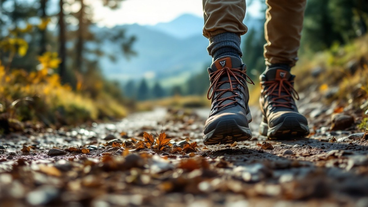 Chaussures de randonnée lacées sur sentier naturel sans texte ni logo