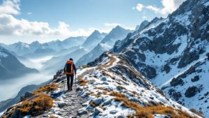 Randonneur consultant une carte topographique sur un sentier de montagne sans texte ni logo