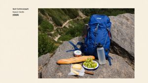 Repas simple de randonnée posé sur un rocher avec gourde et paysage naturel sans texte ni marque