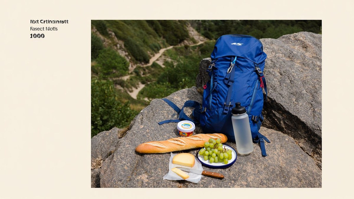 Repas simple de randonnée posé sur un rocher avec gourde et paysage naturel sans texte ni marque