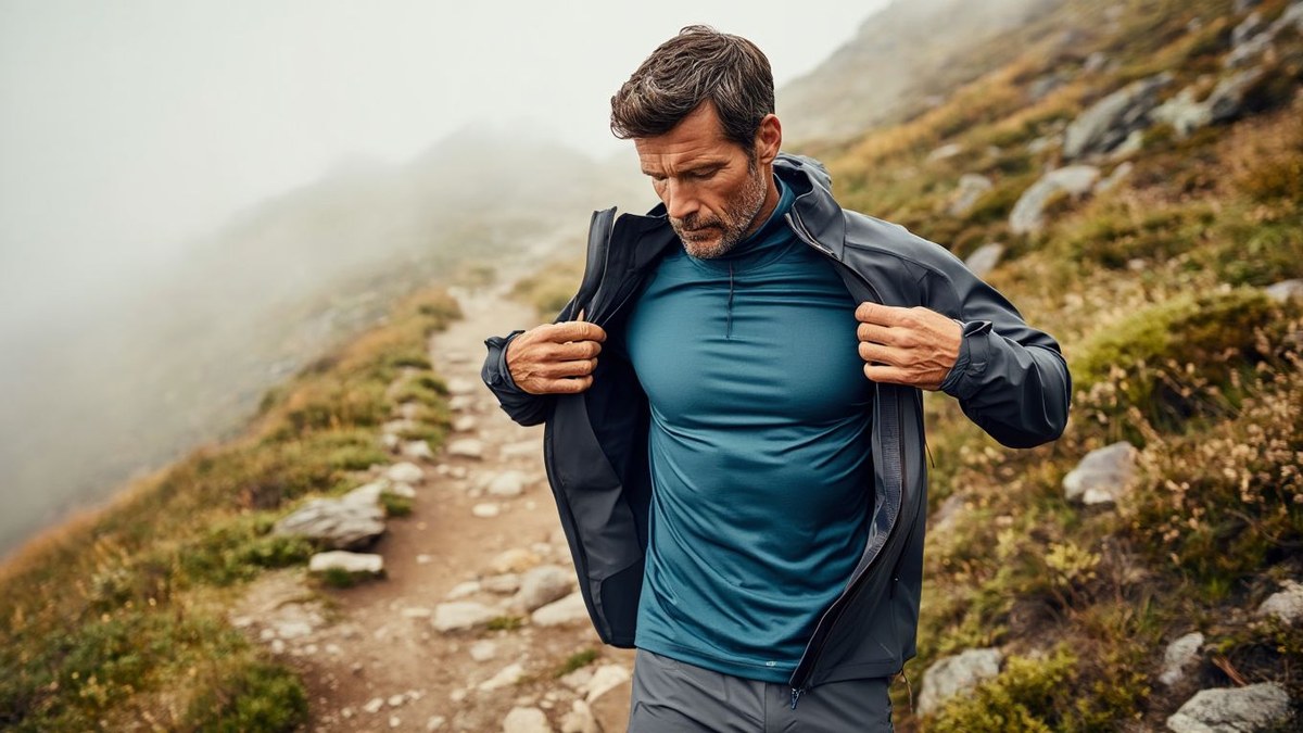 Randonneur ajustant une couche polaire sur un sentier de montagne sans texte ni marque