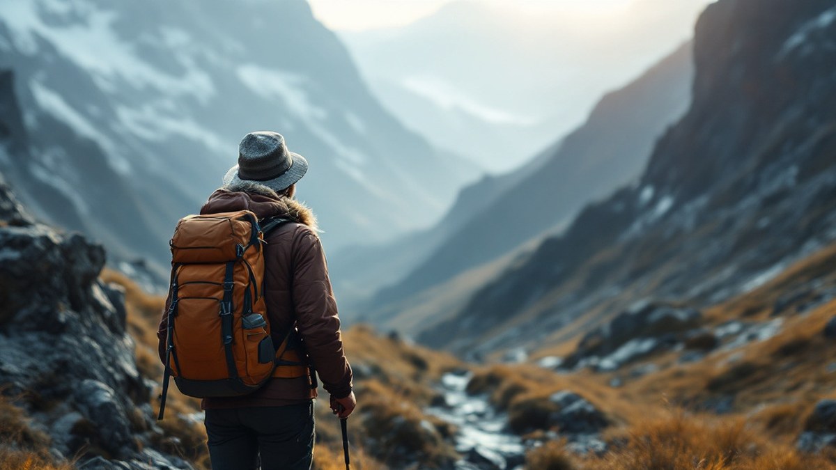 Randonneuse adulte avec chapeau sur sentier lumineux de montagne sans texte ni logo