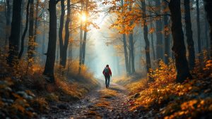 Randonneur sur sentier forestier d’automne lumineux sans texte ni logo