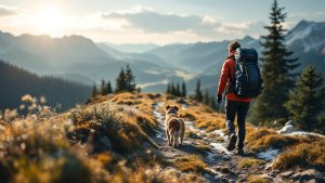 Randonneur avec chien tenu en laisse sur un sentier naturel de montagne sans texte ni logo