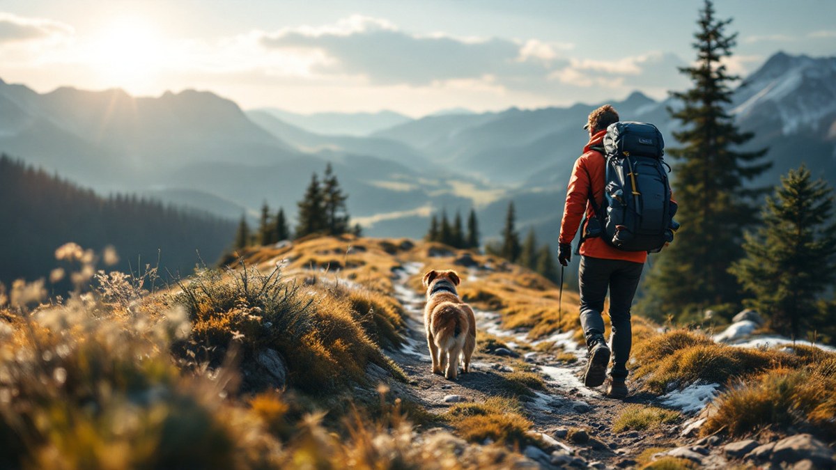 Randonneur avec chien tenu en laisse sur un sentier naturel de montagne sans texte ni logo