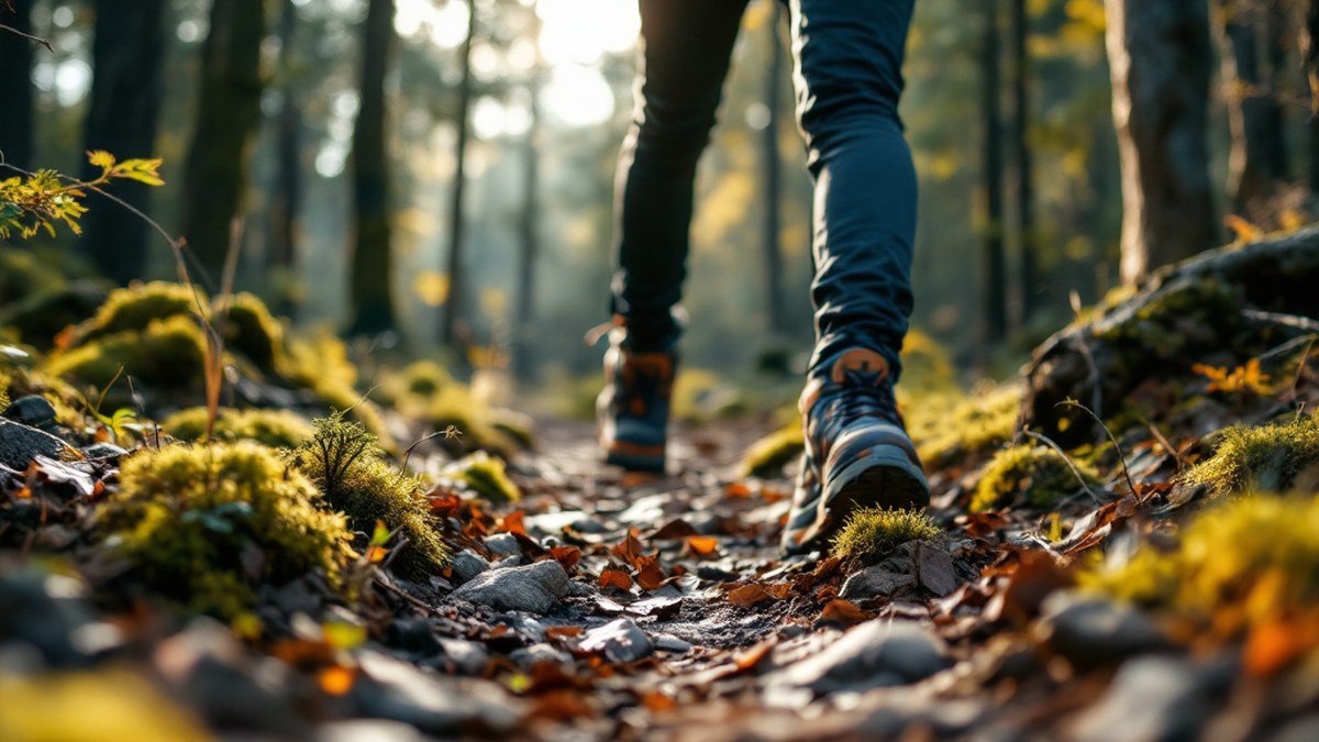 Randonneurs sur sentier forestier boueux avec chaussures outdoor sans texte ni logo