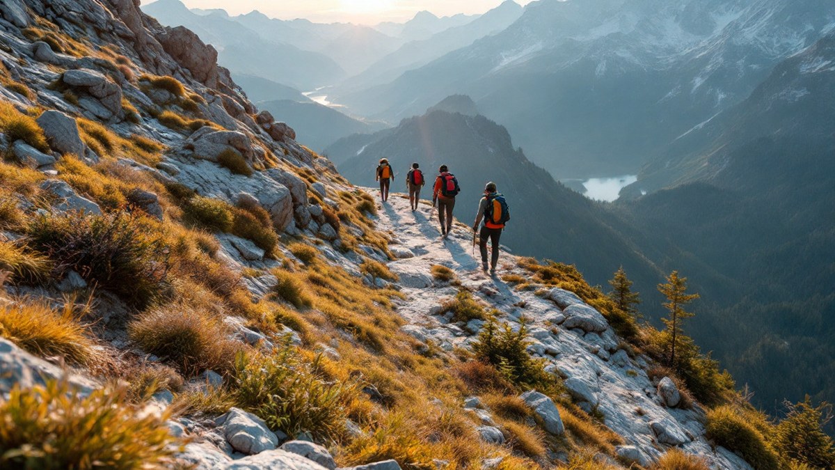Randonneurs sur une crête de montagne large au lever du jour sans texte ni logo