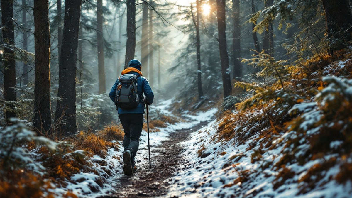 Randonneur sur chemin forestier hivernal humide avec vêtements chauds sans texte ni logo