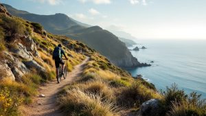 Randonneur sur sentier côtier au-dessus de la mer sans texte ni logo