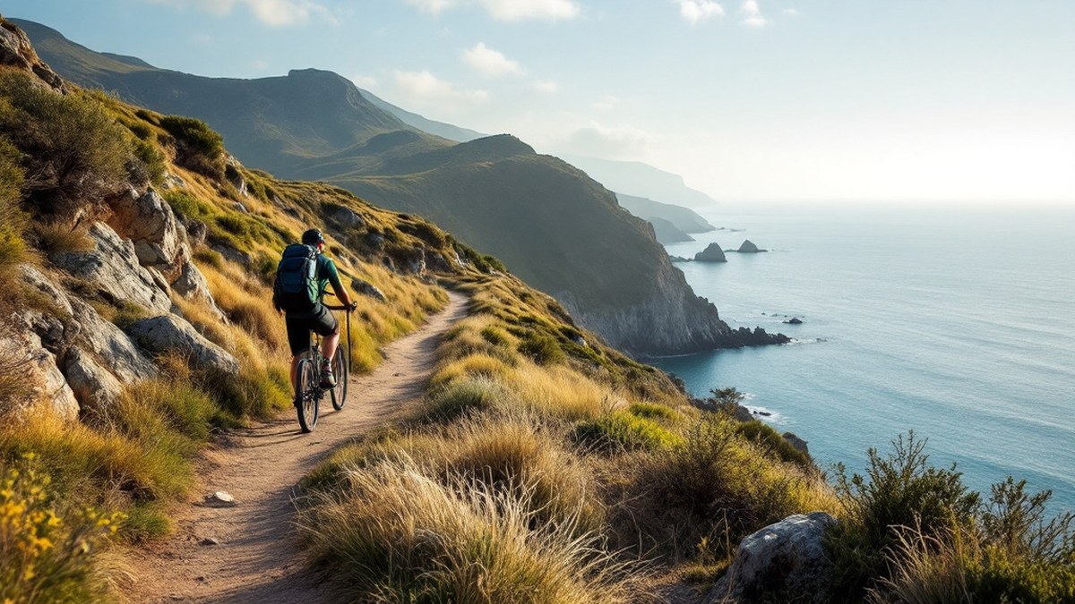 Randonneur sur sentier côtier au-dessus de la mer sans texte ni logo