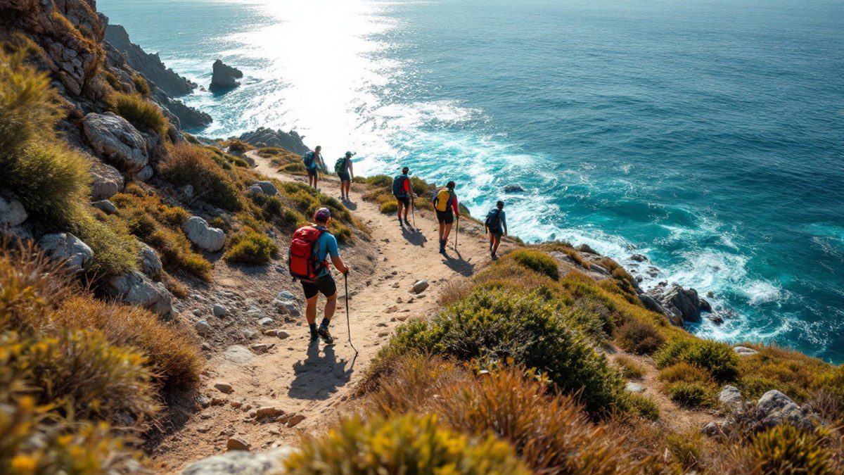 Randonneurs sur sentier côtier naturel au-dessus de la mer sans texte ni logo