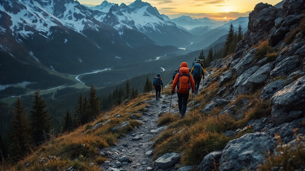 Petit groupe de randonneurs avec frontales sur sentier au crépuscule sans texte ni logo