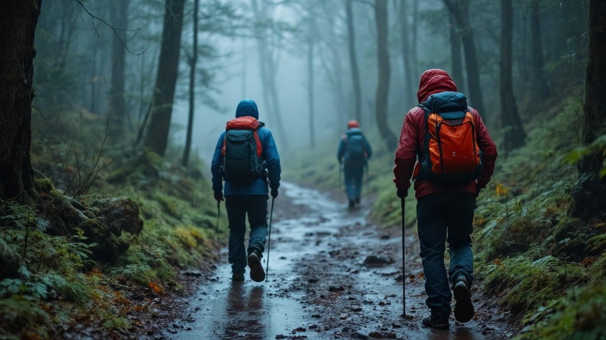 Randonneurs avec vestes de pluie sur sentier forestier humide sans texte ni logo