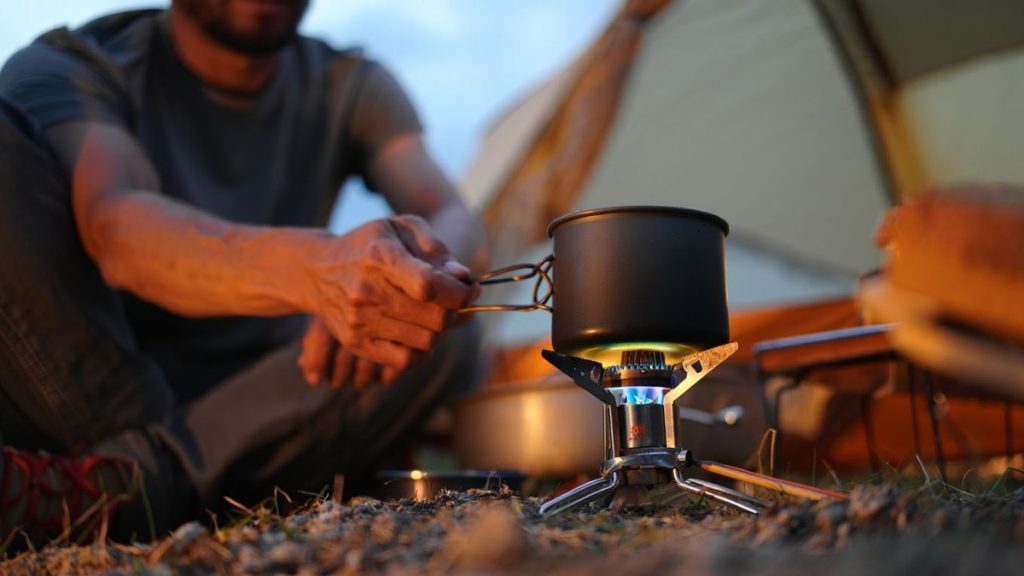 Cuisine de bivouac réaliste avec réchaud discret sur sol minéral sans texte ni marque
