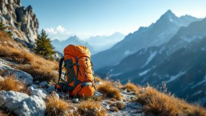 Sac de randonnée 30 litres posé sur un sentier de montagne, photo réaliste sans texte ni logo