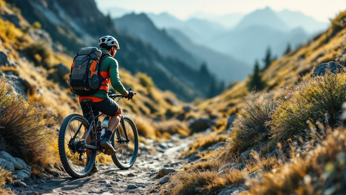 Randonneur ajustant une couche technique respirante sur sentier de montagne sans texte ni logo