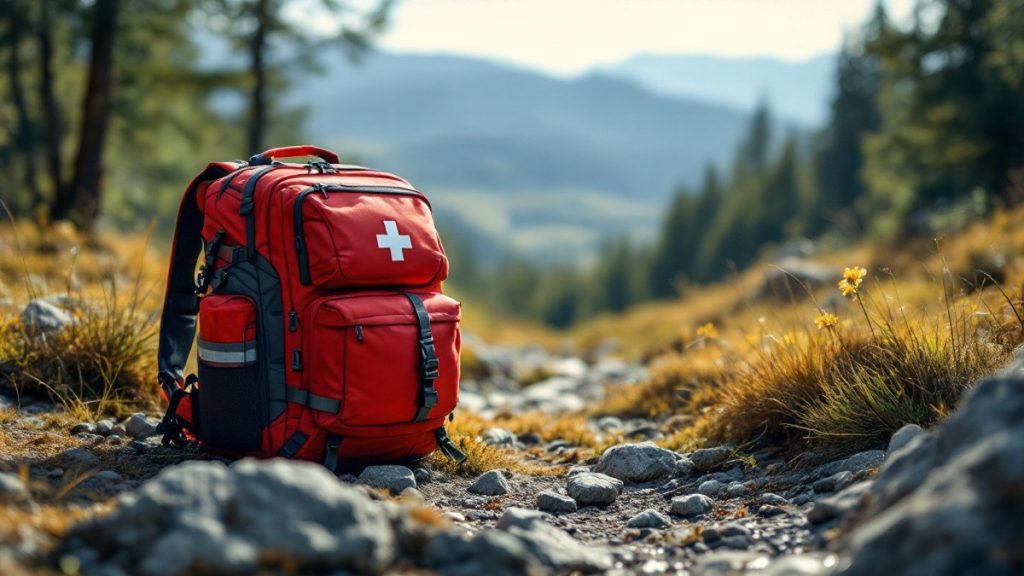 Trousse de premiers secours ouverte sur sac de randonnée en pleine nature sans texte ni logo
