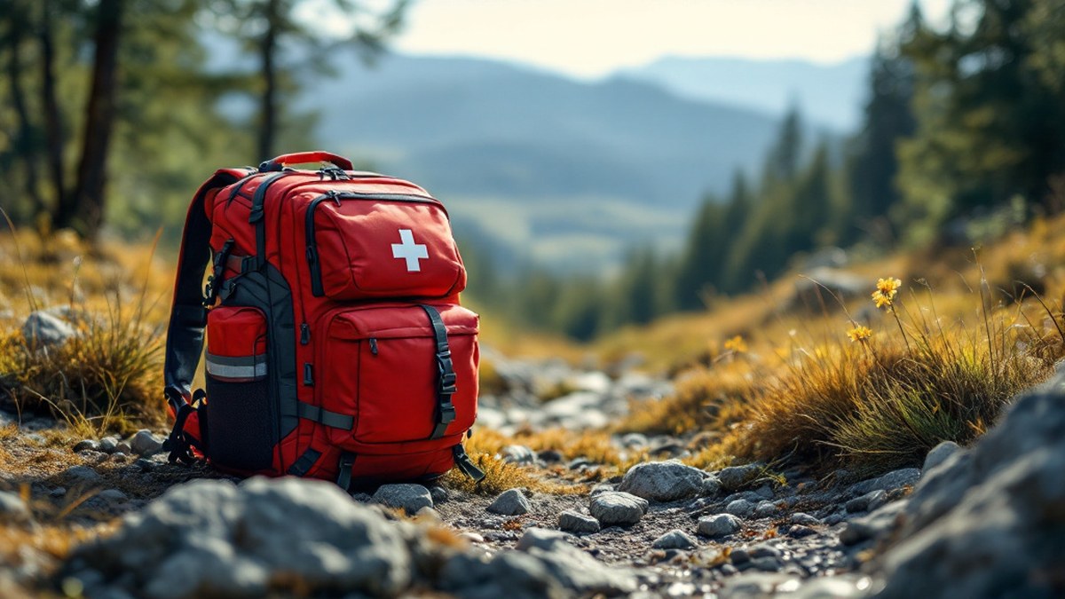 Trousse de premiers secours ouverte sur sac de randonnée en pleine nature sans texte ni logo