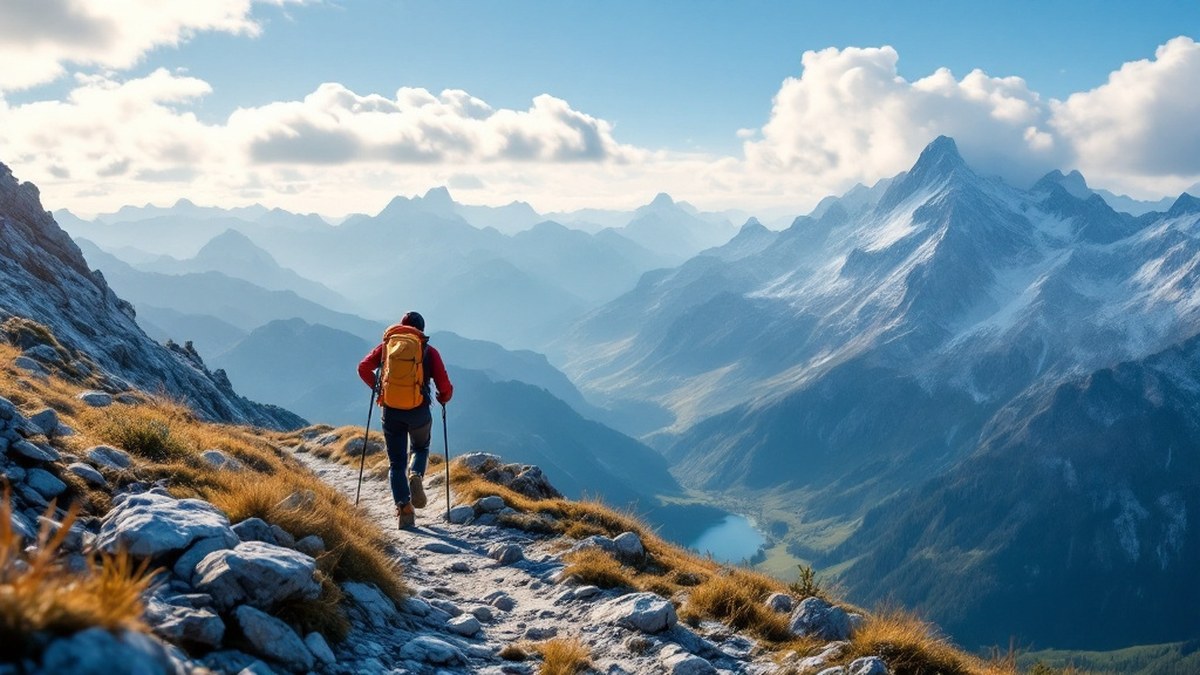 Randonneur sur sentier de montagne large avec vue dégagée sans texte ni logo
